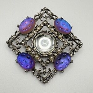 Vintage Molded Moonglow Glass Brooch AB Blue Purple Cabochon Victorian Revival